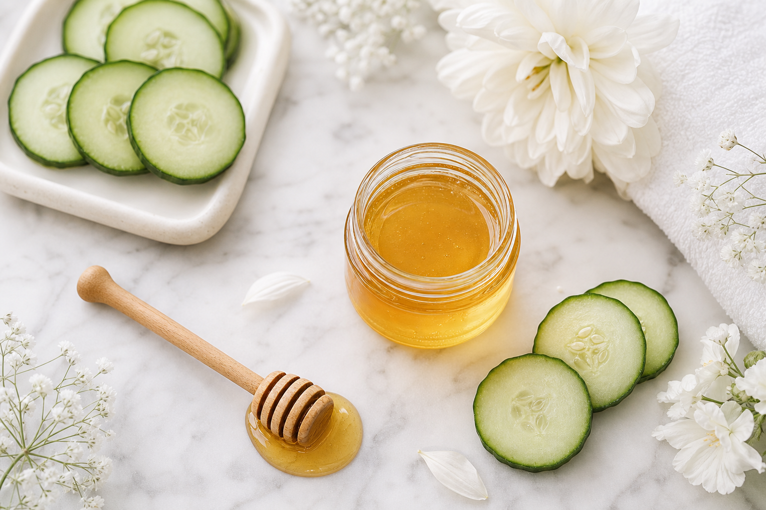 Toples madu keemasan dengan irisan mentimun dan bunga putih di atas marmer, estetika spa