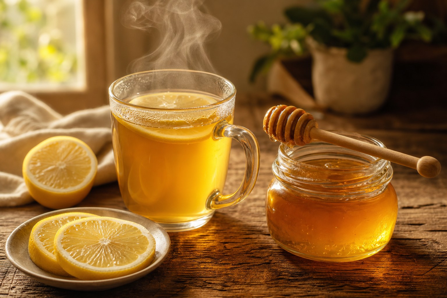 Secangkir teh lemon madu keemasan hangat dengan irisan lemon segar dan sendok madu kayu di samping toples kaca berisi madu mentah, cahaya hangat lembut, suasana alami yang nyaman
