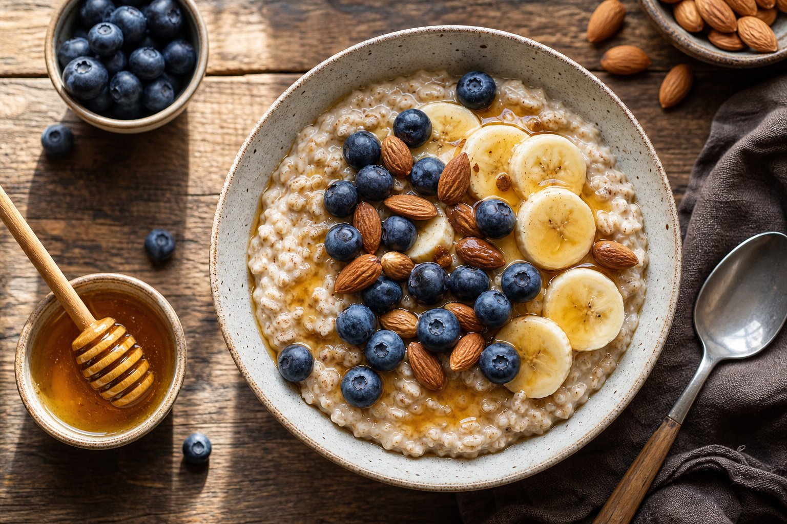 Mangkuk oatmeal disiram madu, dikelilingi buah segar