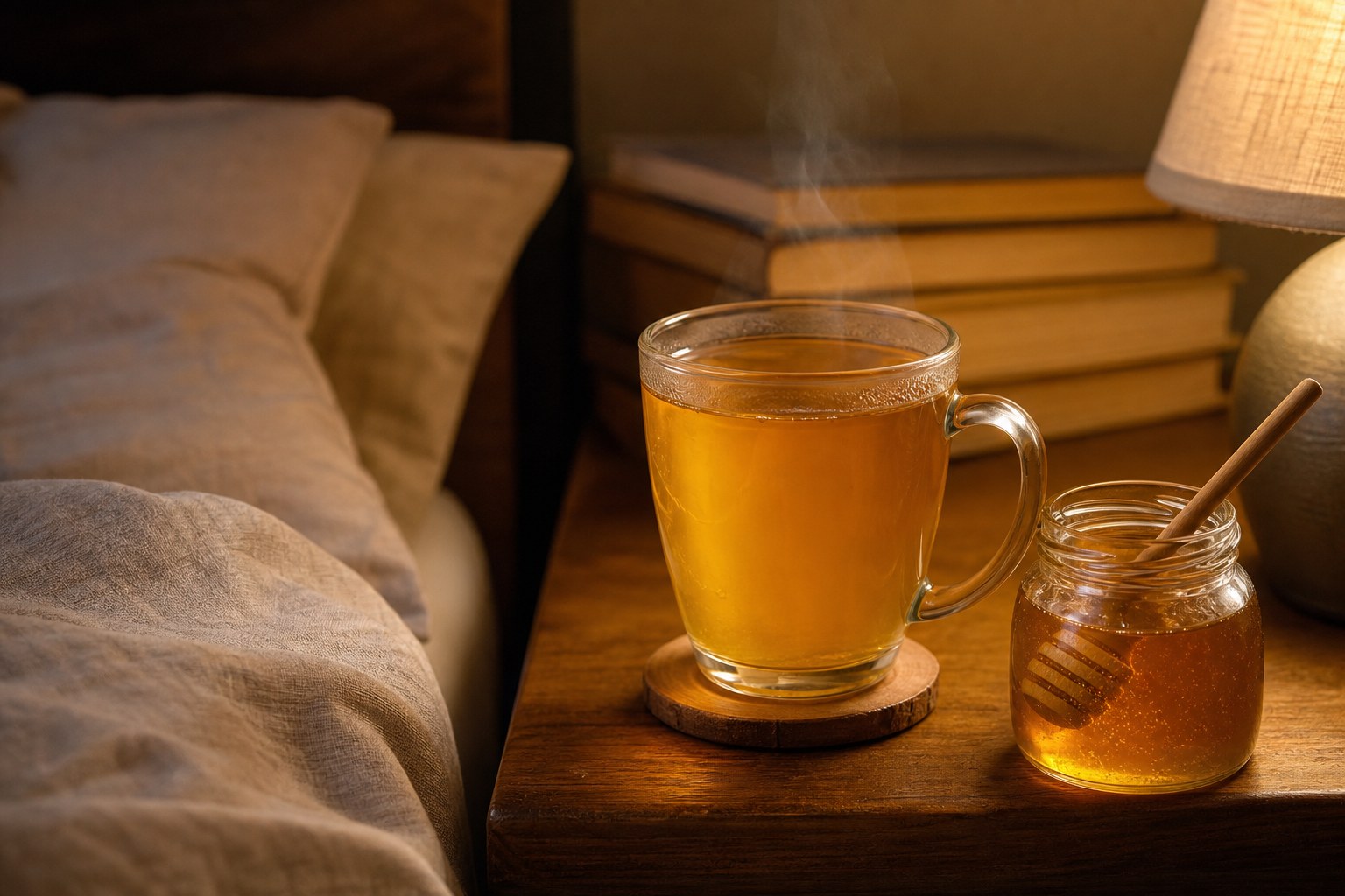 Suasana malam yang nyaman di samping tempat tidur dengan cangkir teh madu keemasan hangat dan toples kaca berisi madu mentah dengan sendok kayu di meja nakas, cahaya lampu hangat yang lembut