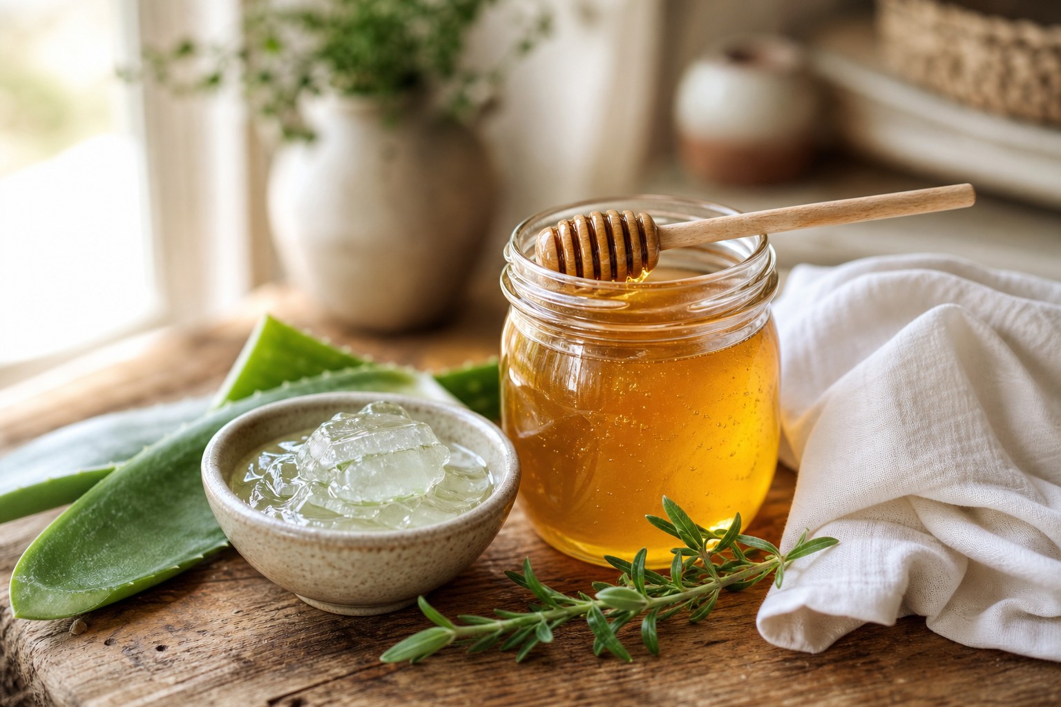 Toples kaca berisi madu mentah keemasan dengan sendok kayu di samping mangkuk kecil berisi gel lidah buaya segar, kain linen putih terlipat, dan setangkai herba hijau di meja kayu dalam cahaya alami lembut